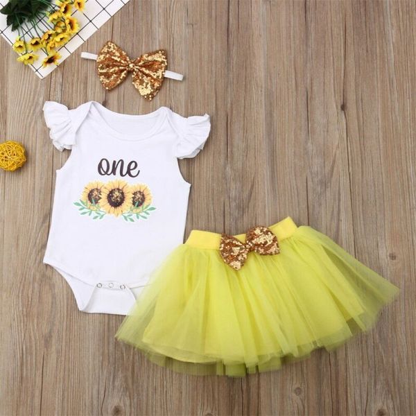 

ребёнок одежда набор 2019 малышей новорожденный лето с коротким рукавом подсолнечное bodysuit юбка оголовье одежда техники 3шт, White