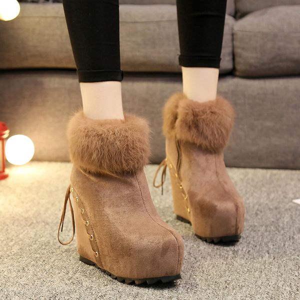 

women's fashion winter wedge with super high-heeled women's plush boots fashion versatile increase in short boots women, Black