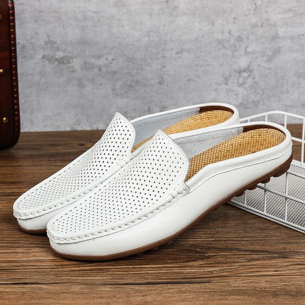 

peas hollow half shoes drag two layer leather 38-44 summer shoes split leather loafers shoes men casual sneakers %, Black