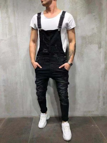 

pantalones jean hombre 2019 dungarees men bib pants solid color destroyed jeans hole slim fit denim jumpsuit men ripped jeans, Blue