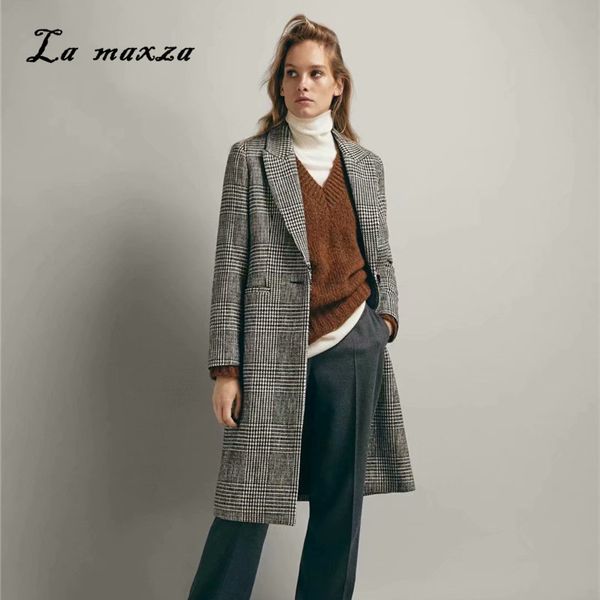 

women winter coat 2018 elegant wool coat warm long korean style plaid fashion streetwear, Black
