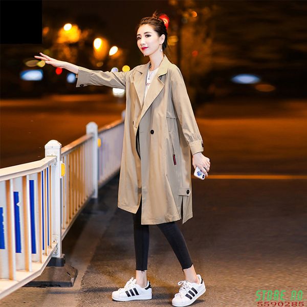 

women autumn long sleeve double breasted long trench coat female pocket straight shirt windbreake, Tan;black