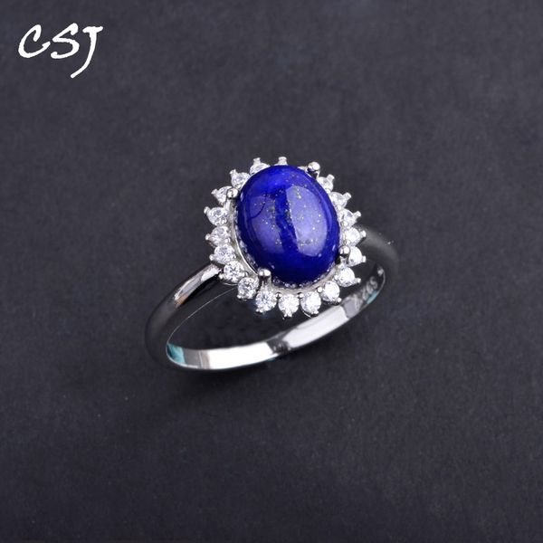 

csj classic natural lapis lazuli rings sterling 925 silver oval8*10mm fine jewelry wedding party for women lady girl gift box, Golden;silver