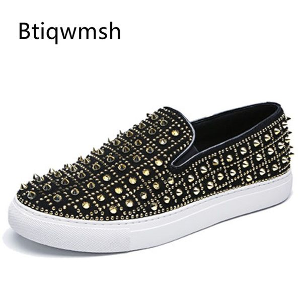 

2019 loafer shoes men round toe gold silver rivet flat shoes for men party, Black