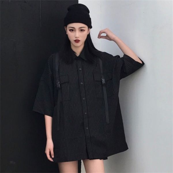 

new streamers stripe cec short sleeves korean version big size fashion trend women's summer shirt hip hop rock gothic punk, White
