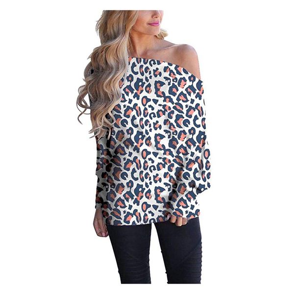 

korean style casual pullovers leopard print breathable elasticity plus size off shoulder loose pullover batwing sleeve tunics, Black