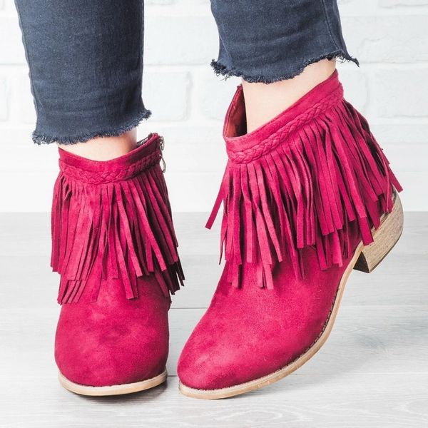 

new boots women's fashion solid color suede leather ankle boots ladies autumn round toe low heel tassel zipper short, Black