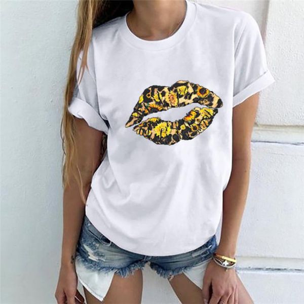 

neck short sleeve tees females fashion casual womens lip sunflower print tshirts summer designer crew, White