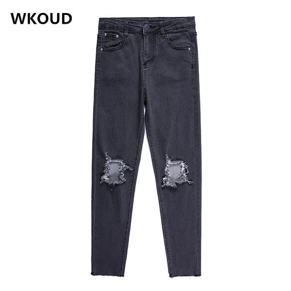 

wkoud 2019 spring holes jeans women skinny korean style black jeans pants ripped denim ankle-length pants female trousers p8851, Blue