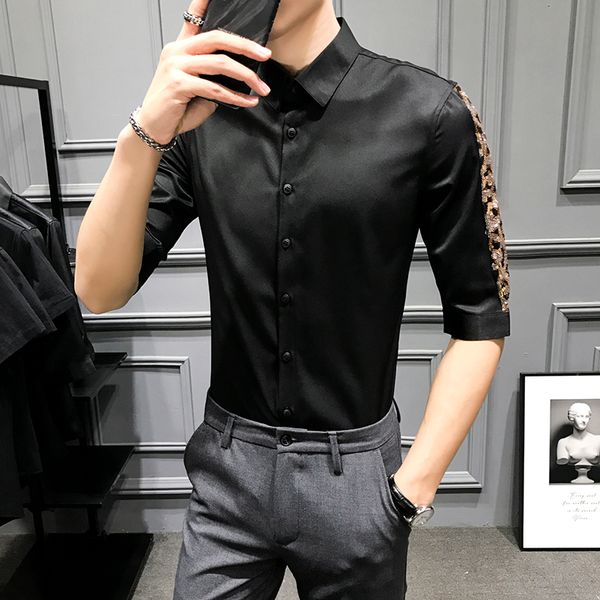

leopard stitching half sleeve shirt slim work shirt tide streetwear social blouse camisa masculina 2020 summer casual men, White;black
