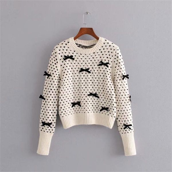 

women's new long sleeve round neck contrast stitching embroidered rib layer knitwear bow knitwear sweater in autumn 2019, White;black