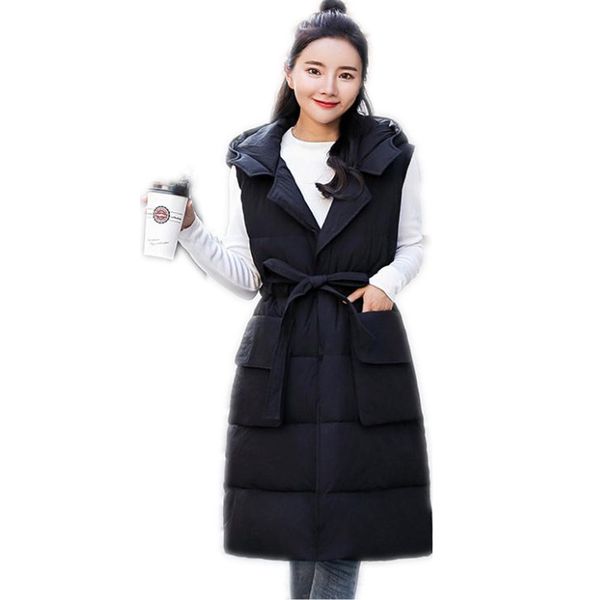 

plus size 3xl winter women medium-long vest 2019 hooded down cotton vest female with belt slim outerwear casual mujer q670, Black;white