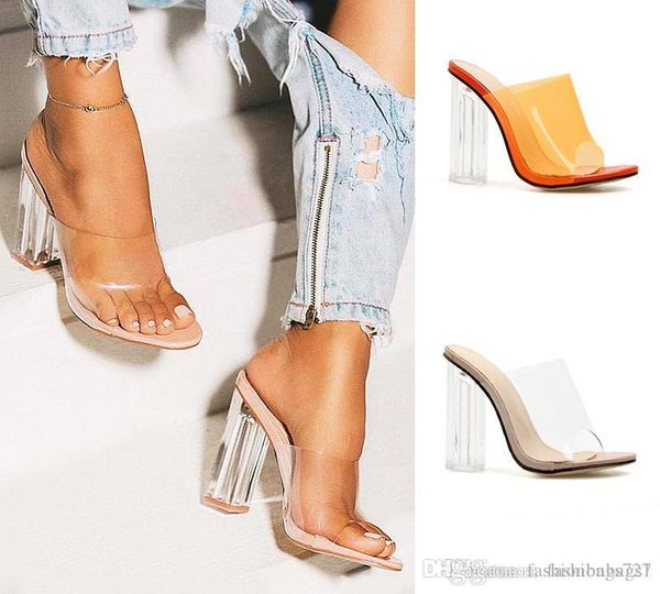 

summer transparent pvc women sandals open toe clearcrystal high heels slip on sandals dress ladies shoe slippers apricot orange, Black