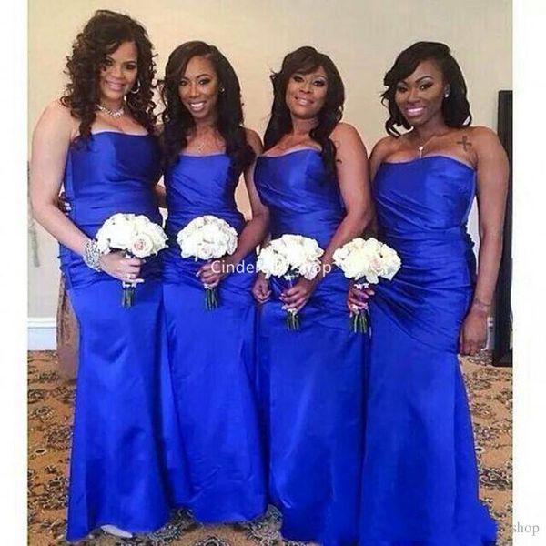 

Royal Blue African Mermaid Bridesmaid Dresses 2019 Newest Strapless Bodycorn Pleats Simple Wedding Guests Dresses Cheap Maid Of Honor Gowns