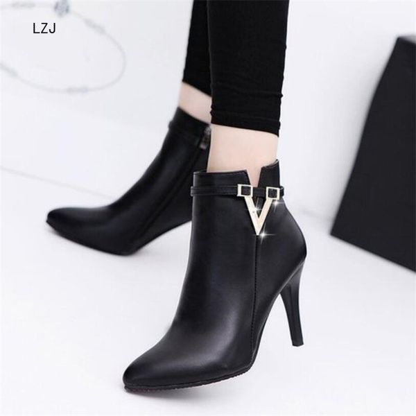 

lzj 2019 autumn stiletto thin high heels pointed toe faux leather zipper style ankle womens boots bota feminina high 9cm, Black