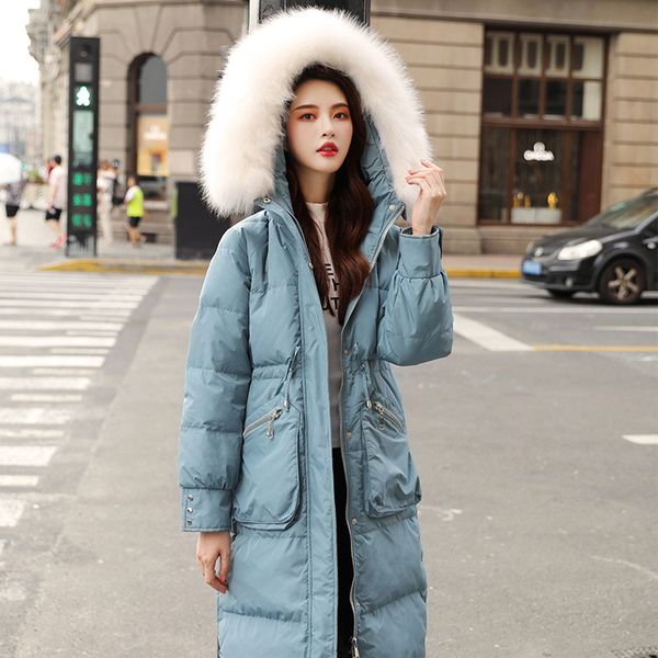 

women down coats 2019 autumn winter brands blue hooded fur collar slim long thicken jackets female wear parkas plus size, Black