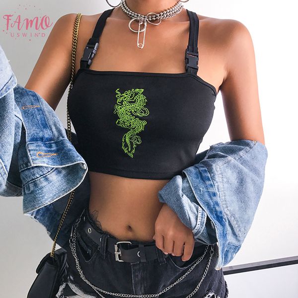 

buckle black dragon embroidery tank women cropped print streetwear tank 2020 summer bralette crop top, White
