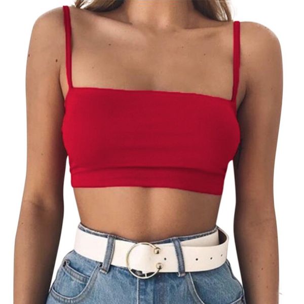 

women crop 018 summer solid black red strap tank cropped feminino ladies elastic shirt vest camisole, White