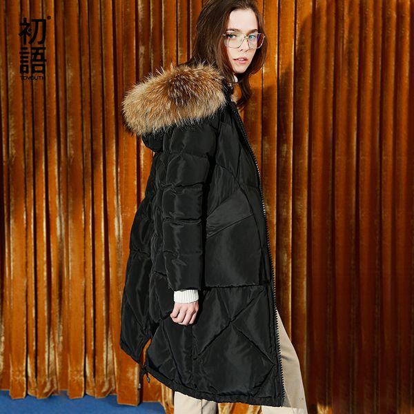 

toyouth down coats 2017 autumn winter women fashion fur collar solid color thicken long style overcoat, Black