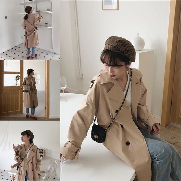 

women 2020 spring and autumn fashion brand korea style vintage loose long trench female casual khaki red trench coat cloth, Tan;black