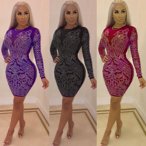 

2018 new arrival black red purple women dress diamonds o-neck long sleeve celebrity party bodycon bandage dress, Black;gray