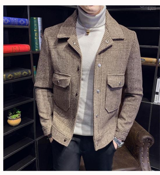 

long sleeve casual winter jacket fashion mens wool blends coats plaid pattern mens designer coats classical, Black