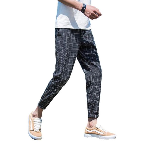 

2020 spring summer fashion pocket men's slim fit plaid straight leg trousers casual pencil jogger casual harem pants, Black