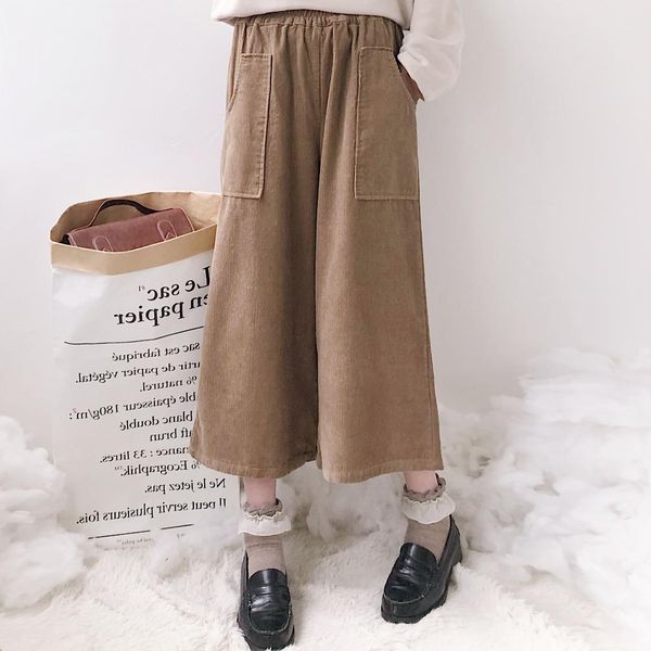

high waist pocket solid fashion calf length corduroy pant lolita korean kawaii winter girl student women japanese wide loose 90s, Black;white