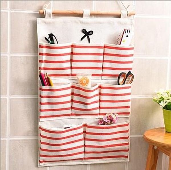 

50pcs large size sripes printed linen cotton fabric hanging bag window hanging storage case wall pockets ,6,8-pocket organizer bag