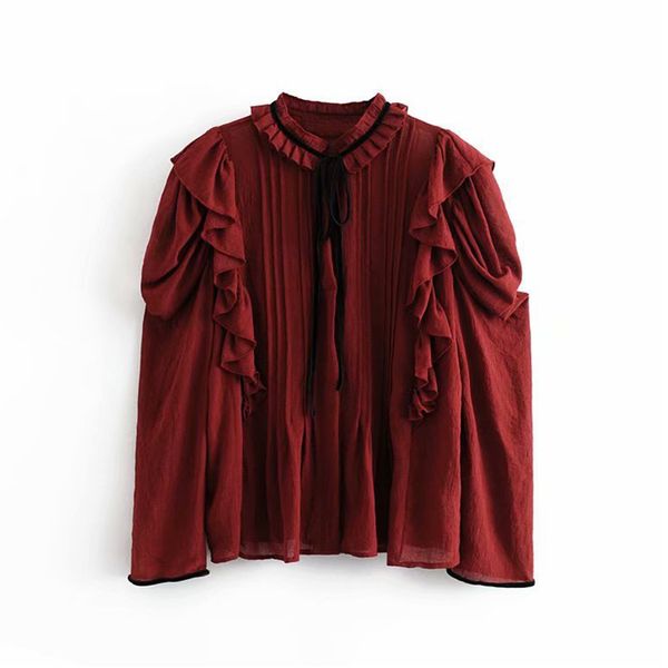 

fashion women bow collar solid blouse puff long sleeve sweet shirt female ruffles pleated streetwear tunic chemisier femme, White