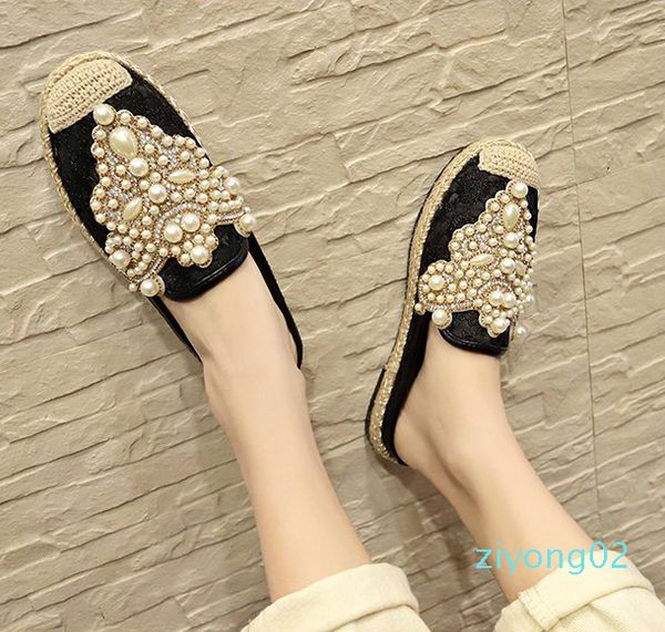 

ake sia fashion pearly crystal lace casual women female mujer lazy slip-on half slippers plimsolls loafers mules flat shoes z02, Black
