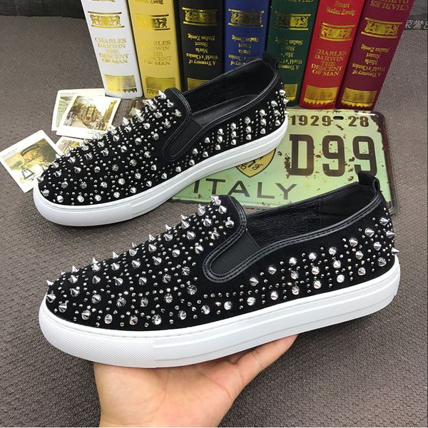 

british fashion men punk nightclub dresses rivets shoes slip-on lazy shoe cow leather loafers flats platform sneakers footwear, Black