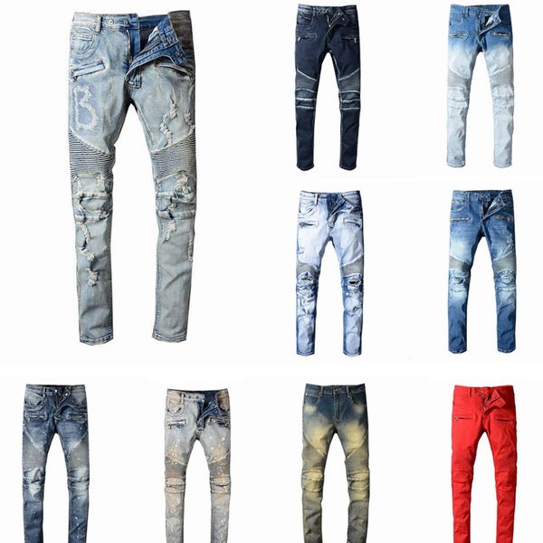 

designer jeans mens distressed ripped biker jeans slim fit motorcycle biker denim for men fashion designer hip hopmain mens jeans, Blue