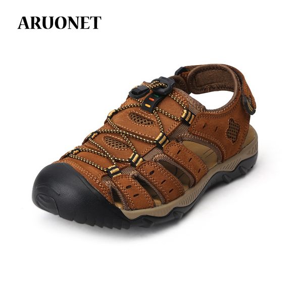 

aruonet leather mature men sandals new genuine soft roman summer man casual shoes plus size beach water sneakers size 39-48, Black