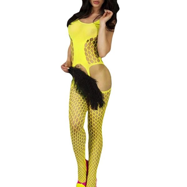 

women lingerie fish net cutout sheer panel front sleeveless crotchless body stocking bodysuit yellow, Red;black
