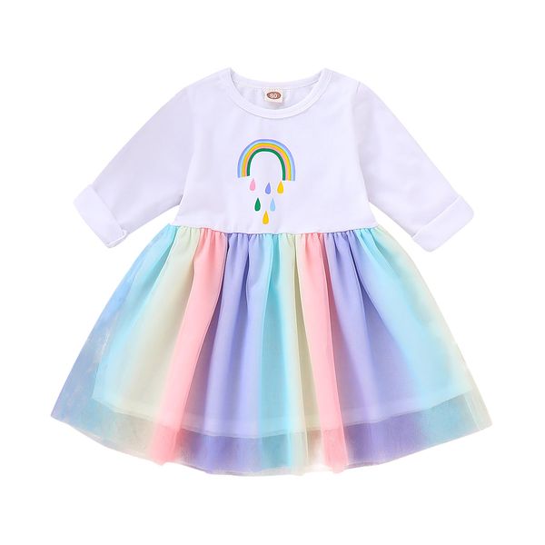 

симпатичная принцесса младенческой дети осень девушки платье 0-18 м радуга печати с длинным рукавом кружева лоскутное колено длина пачки пла, White