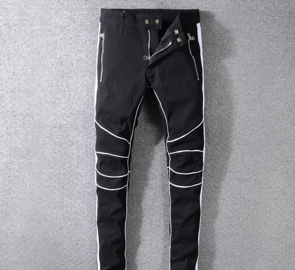 

мужские дизайнерские джинсы бренд тонкий белый бордюр дизайн модный бренд черные джинсовые брюки рваные проблемные тонкие карандашные брюки, Blue