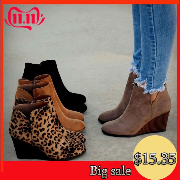 

oeak pointed toe booties winter women leopard ankle boots lace up footwear platform high heels wedges shoes woman bota feminina, Black