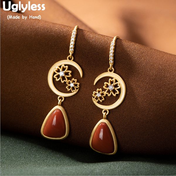 

uglyless plated luxury gold earrings for women solid 925 silver flowers earrings triangle agate brincos gemstones jewelry e1408, Golden;silver