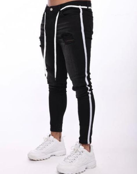

pencil pants with drawstring street style mens long trousers ripped hole mens designer jeans fashion distrressed panelled slim, Blue