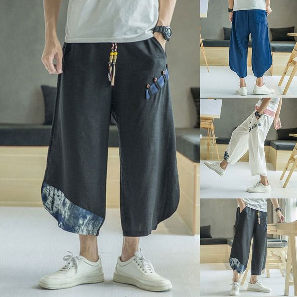 

feitong autumn spring men pants men's summer new fashion linen loose lantern cropped sevene-cent trouser hip hop harem #913, Black