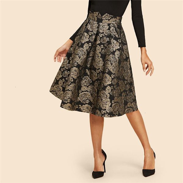 

skirts for women black vintage gold flower print mid waist flare knee length skirt autumn elegant modern lady women skirts