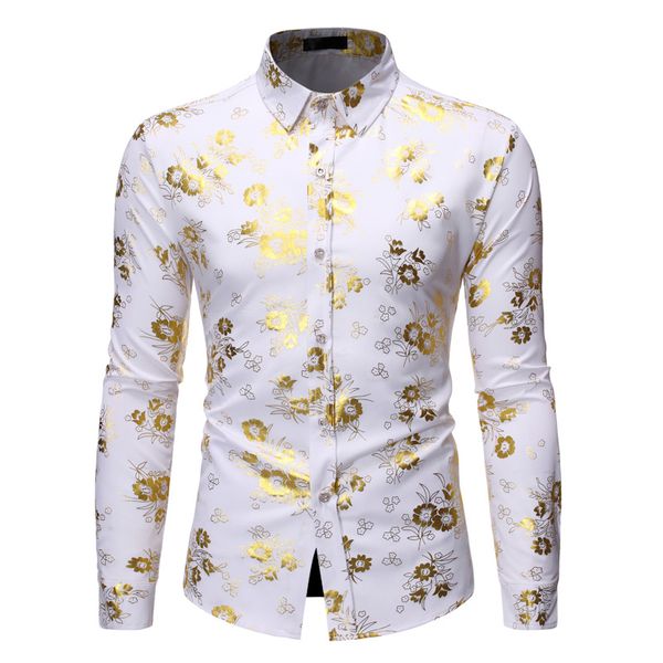

men's fancy flowered gold print dress shirt men 2020 brand new luxury design slim fit men tuxedo shirts for club party disco, White;black