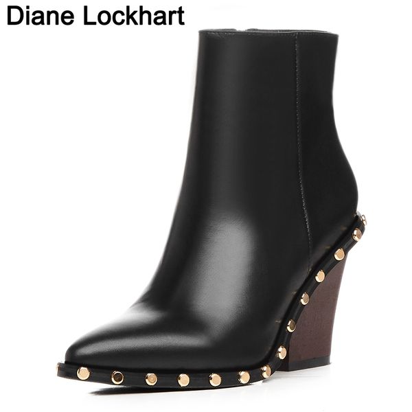 

chic genuine leather ankle boots women metal pointed toe rivet wedge high heel boots woman fashion wedges western 36 37 38, Black
