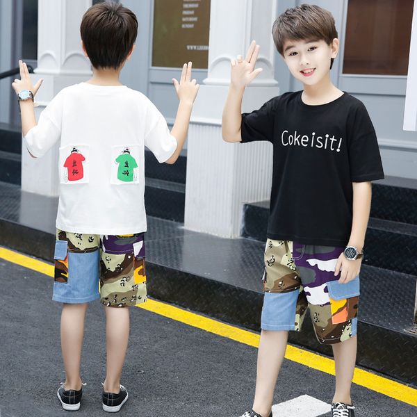 

3 6 10 12 teenage boys clothes set children clothing sets kids short t-shirts cartoon pants 2pcs summer kids clothes outfits, White