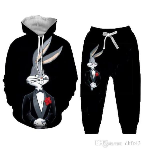 

new men/womens bugs bunny funny 3d print fashion tracksuits crewneck hip hop sweatshirt and pants 2 pcs set hoodies tz11, Gray