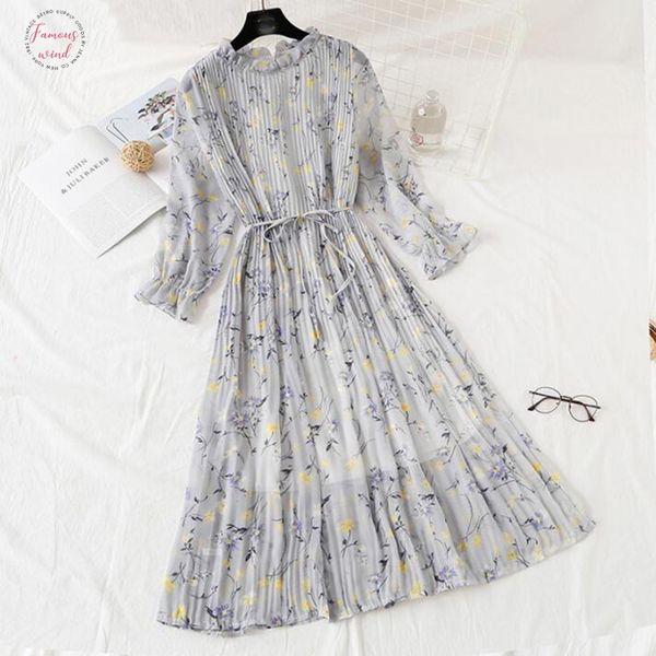 

women long dress 2019 spring summer vintage floral print pleated chiffon dress long sleeve loose plus size dresses vestidos, Black;gray