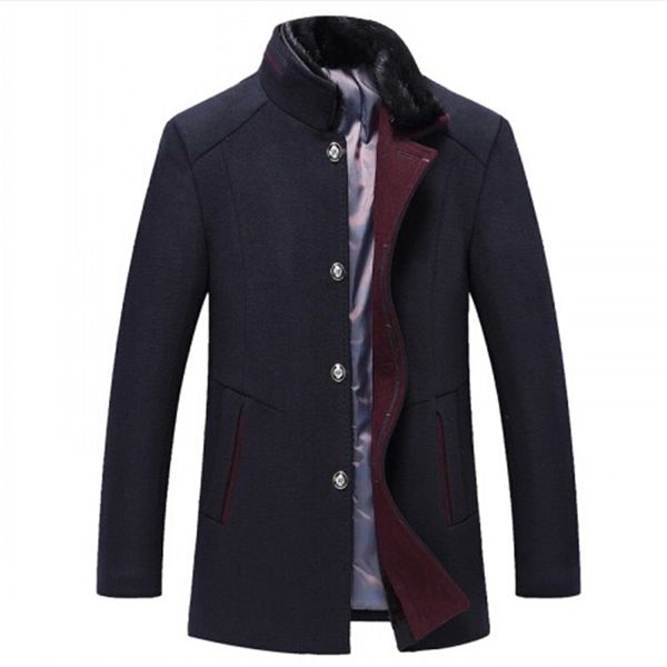 

2018 new winter men's wool coats 38% woolen casual trench coat with fur collar windbreaker jacket, Black