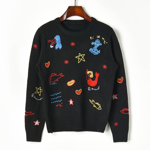 

runway knitwear women 2019 autumn winter new embroidered stars sweaters mermaid long-sleeved pullovers round cartoon knitted top, White;black
