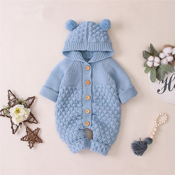 

pudcoco autumn infant baby boys girl kids long sleeve romper bodysuit hooded bear ear knit jumpsuit winter clothes, Blue